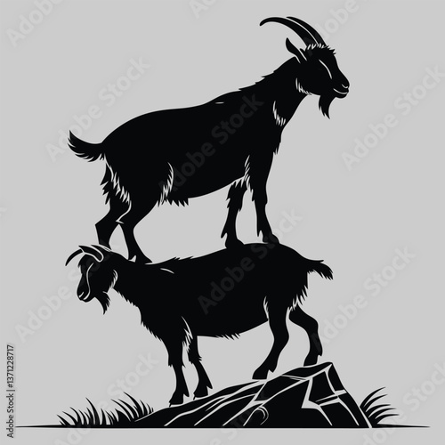 a goat standing on top of another goat silhouette vector design art and illustration
