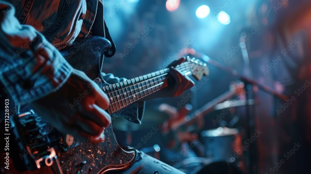 Obraz premium Energetic Guitarist Performing on Stage with Dynamic Lighting and Band in the Background