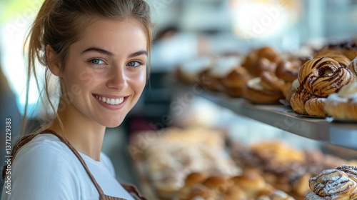 Smiling Baker Woman in Bakery Shop with Delicious Pastries