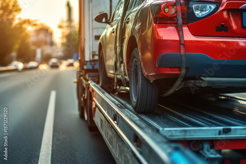 Tow truck carrying red car on highway during sunset
