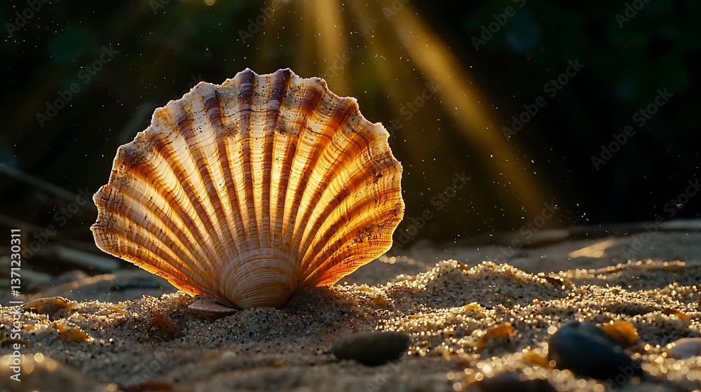 Seashell on sand, bathed in sunlight Seashell on sand, bathed in sunlight