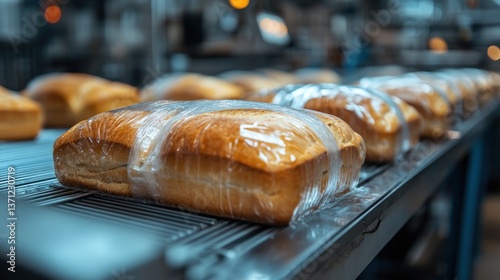 Obraz na płótnie Freshly Baked Bread on Conveyor Belt w salonie