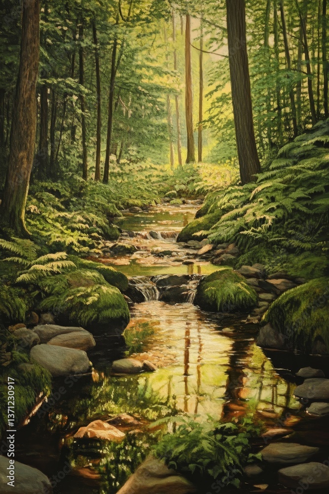 Obraz premium Forest stream flowing through mossy rocks reflections.