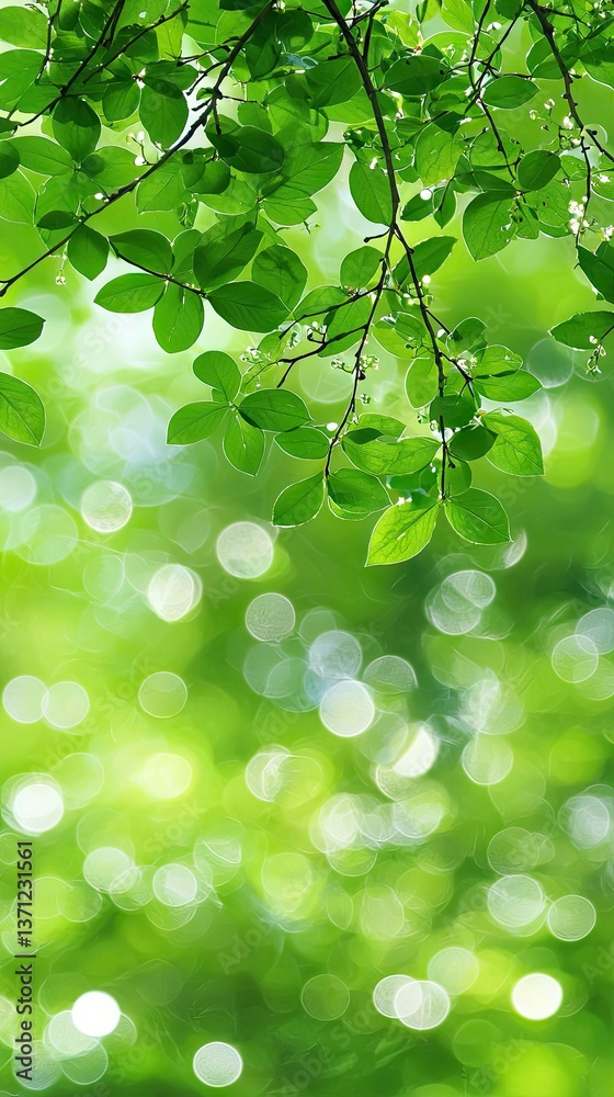 Fresh green leaves in sunlight, bokeh background, nature's beauty, tranquil Fresh green leaves in sunlight, bokeh background, nature's beauty, tranquil