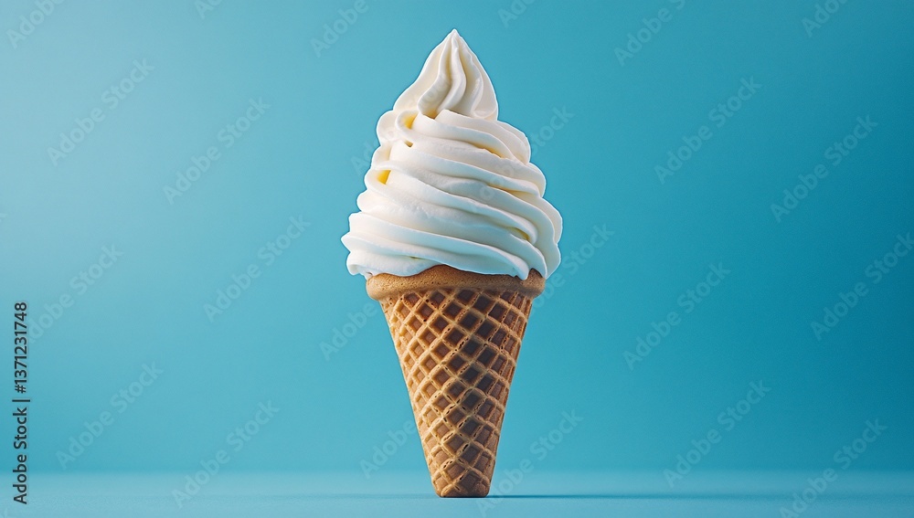 Creamy vanilla soft serve ice cream in a waffle cone against a bright blue background. Perfect summer treat! Creamy vanilla soft serve ice cream in a waffle cone against a bright blue background. Perfect summer treat!