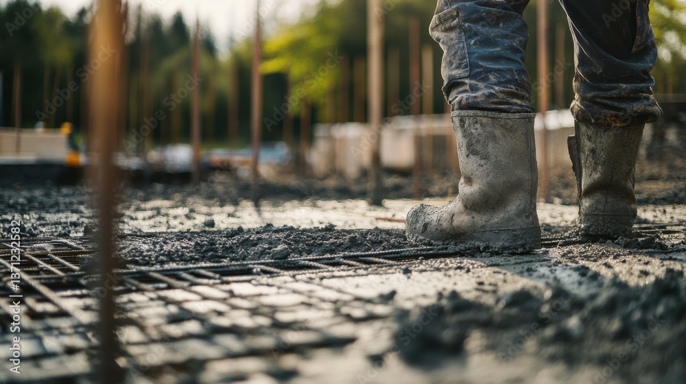 A construction worker laying a foundation at a construction site. Featuring focus and technique A construction worker laying a foundation at a construction site. Featuring focus and technique