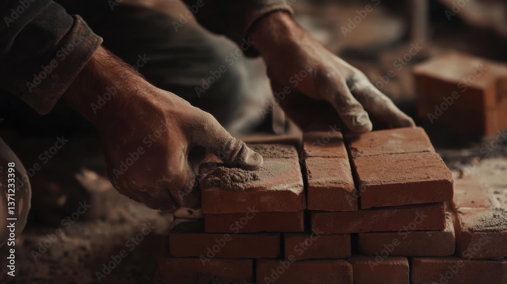 A construction worker laying bricks for a wall. Featuring precision and effort A construction worker laying bricks for a wall. Featuring precision and effort