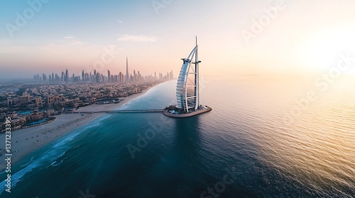 Stunning coastal cityscape at sunrise.  Vast horizon view of a modern city's beach front, featuring a prominent hotel, showcasing tranquil waters and the vibrant early morning light