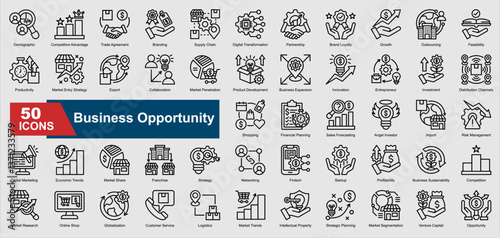Business Opportunity Icon Collection Set. Demographic, Competitive Advantage, Trade Agreement, Branding, Supply Chain, Digital Transformation, Partnership icon. Line Style Ilustration
