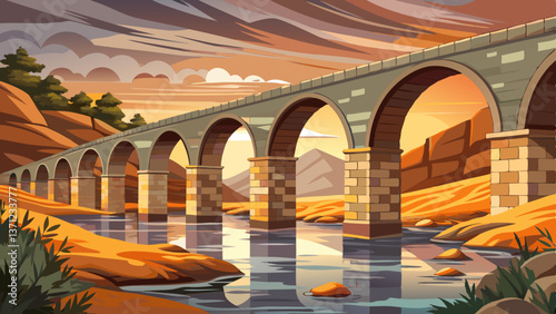 majestic stone bridge on a calm river at sun set time, Highly detailed vector