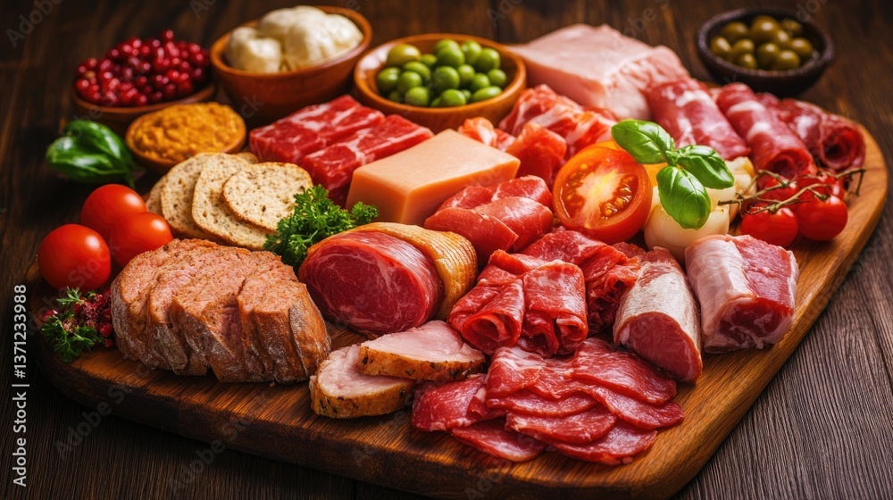 Meats, cheeses, and fruits arranged on a board Meats, cheeses, and fruits arranged on a board