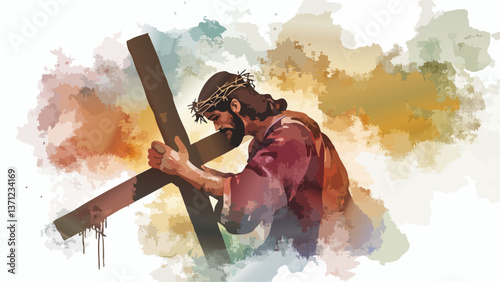 Jesus Carrying the Cross in Digital Watercolor