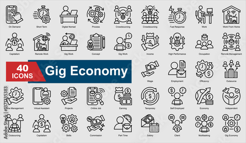 A set of Line Gig Economy icons. Includes remote work, outsourcing, efficiency, time management, and more. Perfect for illustration and design.