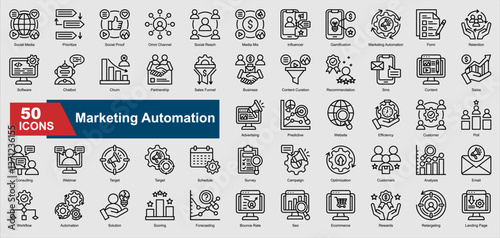 Marketing Automation line icons featuring automation, CRM, email marketing, customer retention, analytics, chatbot, and more. Perfect for illustration and design.