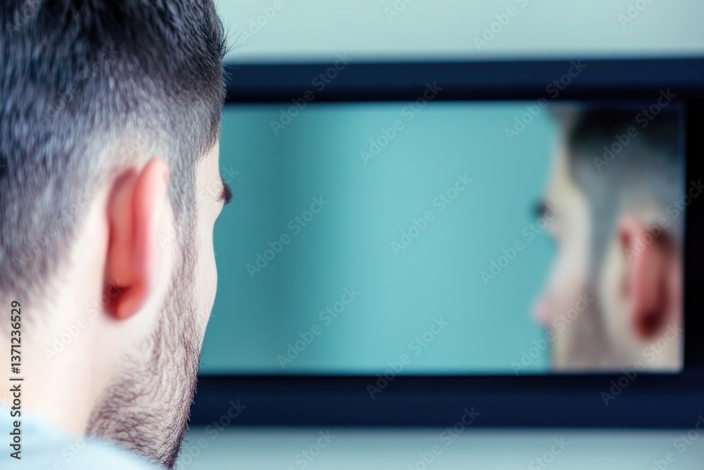 Fototapeta premium Young caucasian male reflection in mirror with short haircut