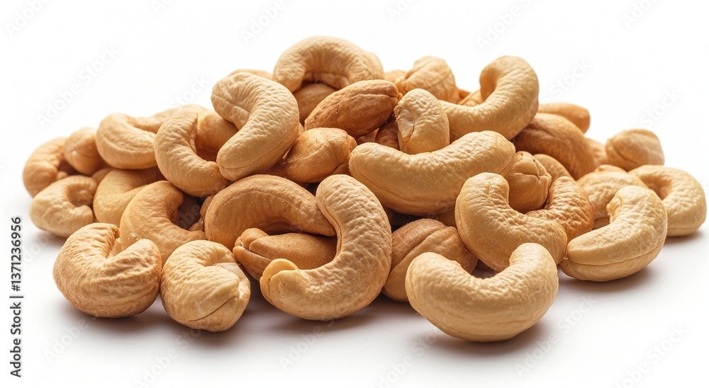 A close-up shot of a pile of cashew nuts against a white background. The warm, nutty tones of the cashews are highlighted. A close-up shot of a pile of cashew nuts against a white background. The warm, nutty tones of the cashews are highlighted.