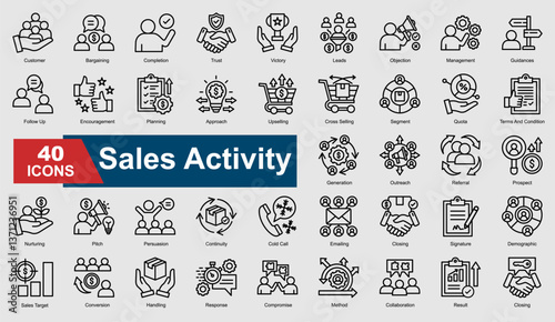 A collection set of outline Sales Activity icons. Includes conversion, leads, trust, closing, follow up, and more. Perfect for illustration and design.