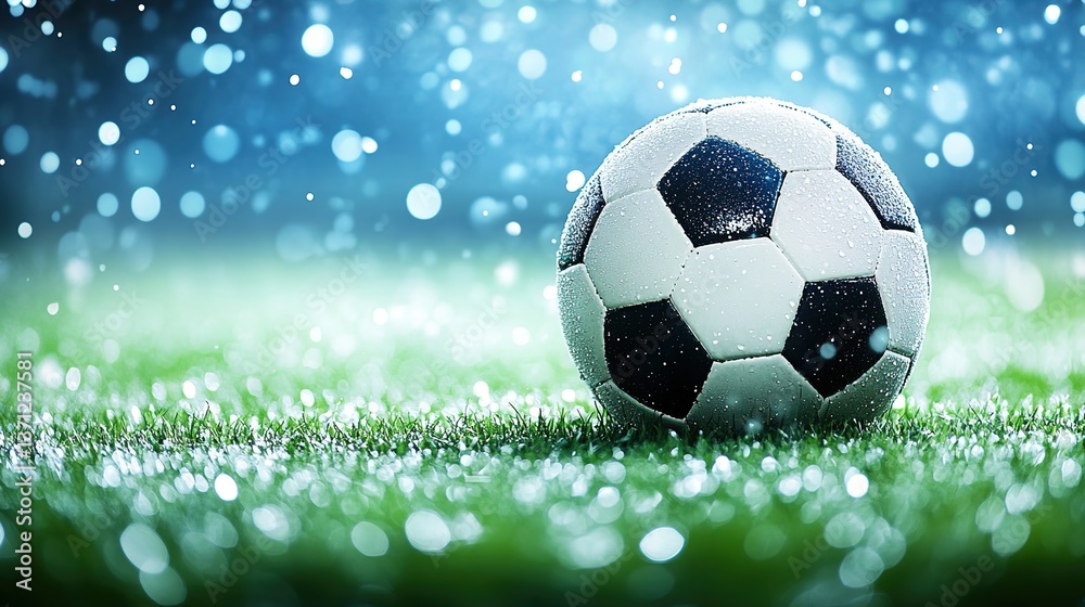Naklejka premium Soccer ball on grass field during match or training · Football sport visuals for ads, posters, tournaments and sports marketing