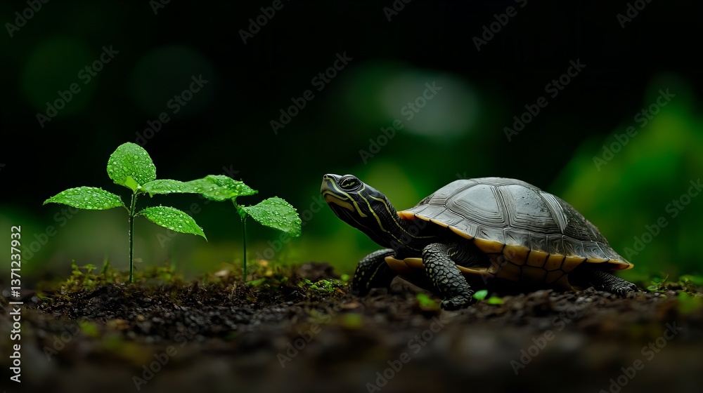 Obraz premium Turtle is seen in foreground near small plant in outdoor natural setting. - high quality Turtle is seen in foreground near small plant in outdoor natu