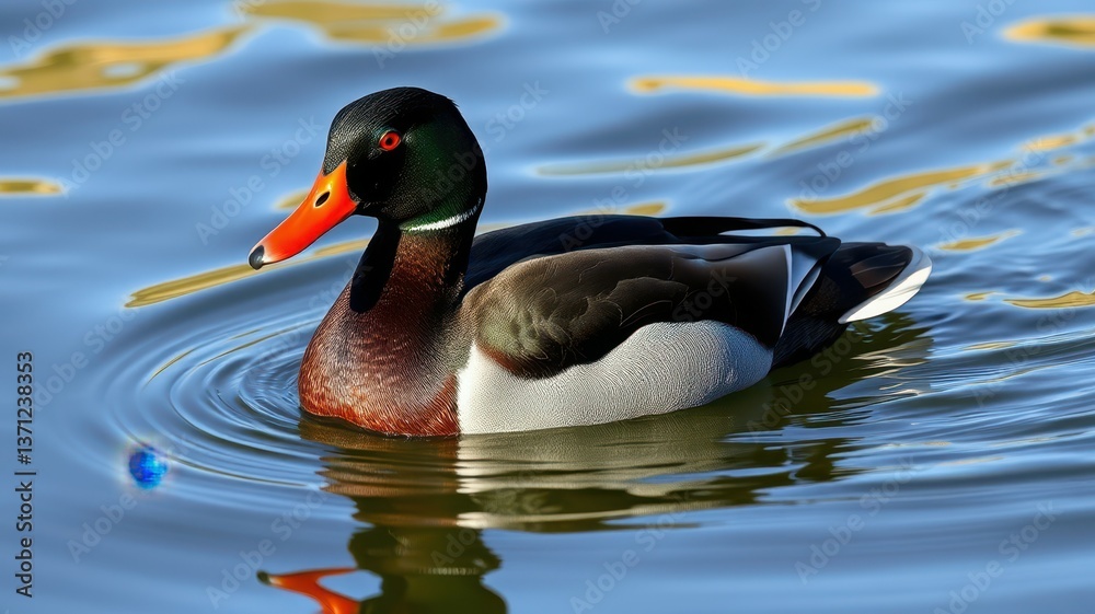 Colorful male duck swimming gracefully on a serene lake during bright daylight Colorful male duck swimming gracefully on a serene lake during bright daylight