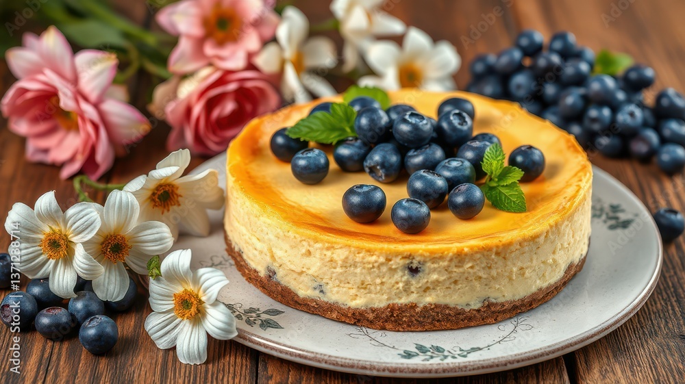 Fresh blueberry cheesecake garnished with mint and surrounded by beautiful flowers on a wooden table Fresh blueberry cheesecake garnished with mint and surrounded by beautiful flowers on a wooden table