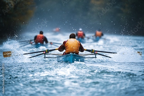 Rowboats racing in a river, with water splashing around as they cut through the waves