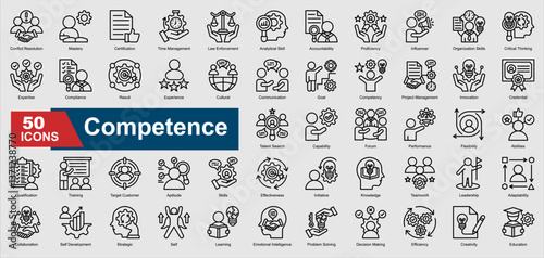 A collection set of line Competence icons. Includes expertise, proficiency, leadership, problem solving, training, and more. Perfect for illustration and design.