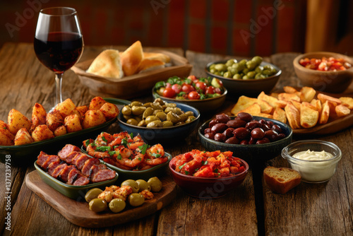 Fototapeta Naklejka Na Ścianę i Meble -  Spanish tapas selection with patatas bravas, gambas al ajillo, olives, bread and wine on rustic wooden table