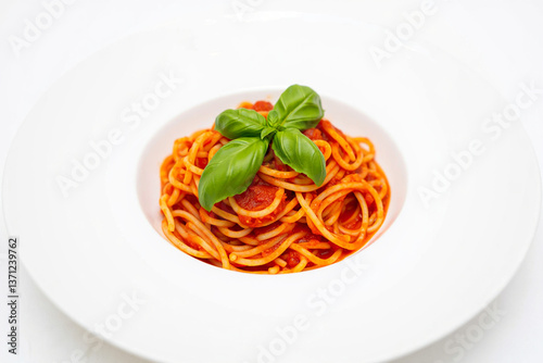 Plate of Italian Spaghetti with Red Sauce and Basil Garnish