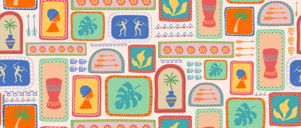 Tropical seamless summer pattern in retro style. Traditional african retro background illustration. Tropical seamless summer pattern in retro style. Traditional african retro background illustration.