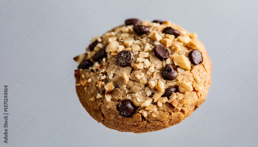 Freshly Baked Cookie Floating Cleanly Against Nothingness with Crumbs and Chocolate Chips Visible Freshly Baked Cookie Floating Cleanly Against Nothingness with Crumbs and Chocolate Chips Visible