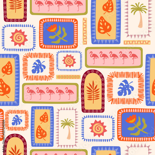 Tropical seamless summer ethnic pattern in retro style. African motifs. Vintage exotic print.