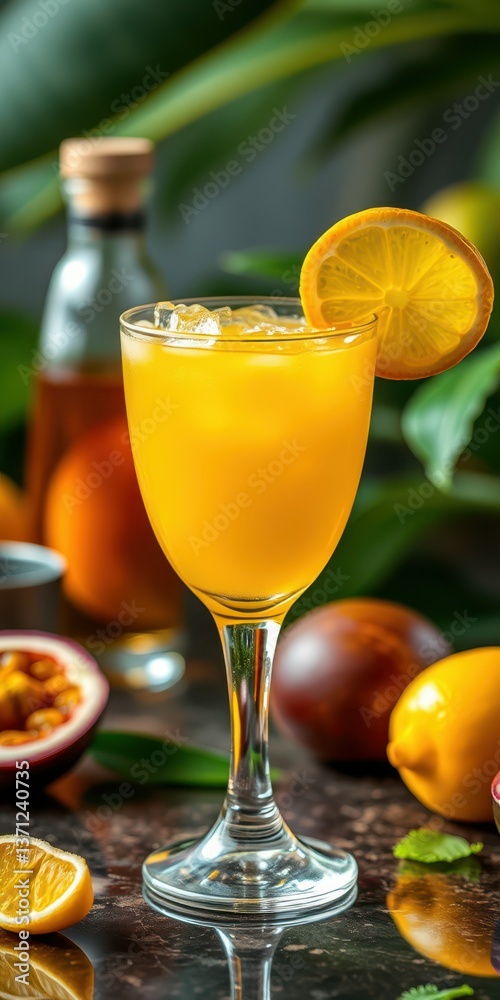 Refreshing tropical cocktail garnished with lemon slice and surrounded by fresh fruits and greenery Refreshing tropical cocktail garnished with lemon slice and surrounded by fresh fruits and greenery