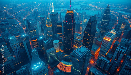 A Bird’s-Eye Perspective of a Modern City with Towering Skyscrapers and Bustling Streets
