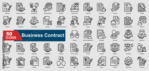 A collection of line Business Contract icons. Includes agreement, negotiation, legal, invoice, franchise, and more. Perfect for illustrations and designs.