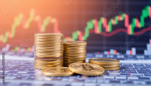A Gold Coin Set Against a Background of Market Trends and Analytics