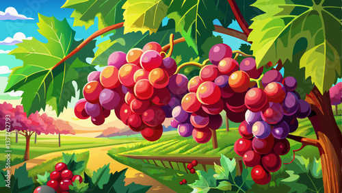 A crisp and colorful close-up of red grapes ripening on the vine in a lush grape farm