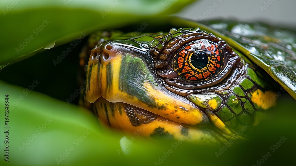 Obraz premium Turtle's head emerges partially hidden by green leaves, featuring detailed skin texture and striking eye pattern.