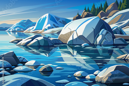 icy boulders rock by a frozen lake, winter landscape illustration