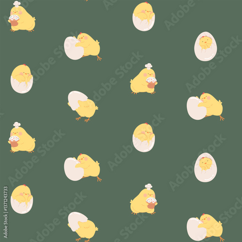 Easter chicks seamless pattern. Happy Easter background with cute newborn yellow chicks vector illustration for invitations, banner, gift wrapping, wallpaper, kids' textiles, packaging, greeting card.
