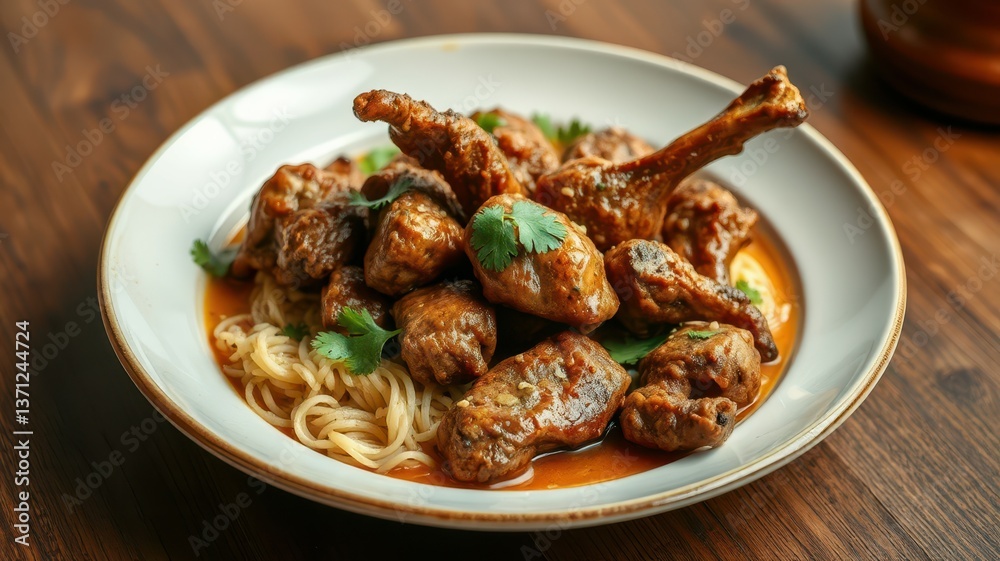 Delicious chicken dish served with noodles in a rich sauce garnished with herbs Delicious chicken dish served with noodles in a rich sauce garnished with herbs