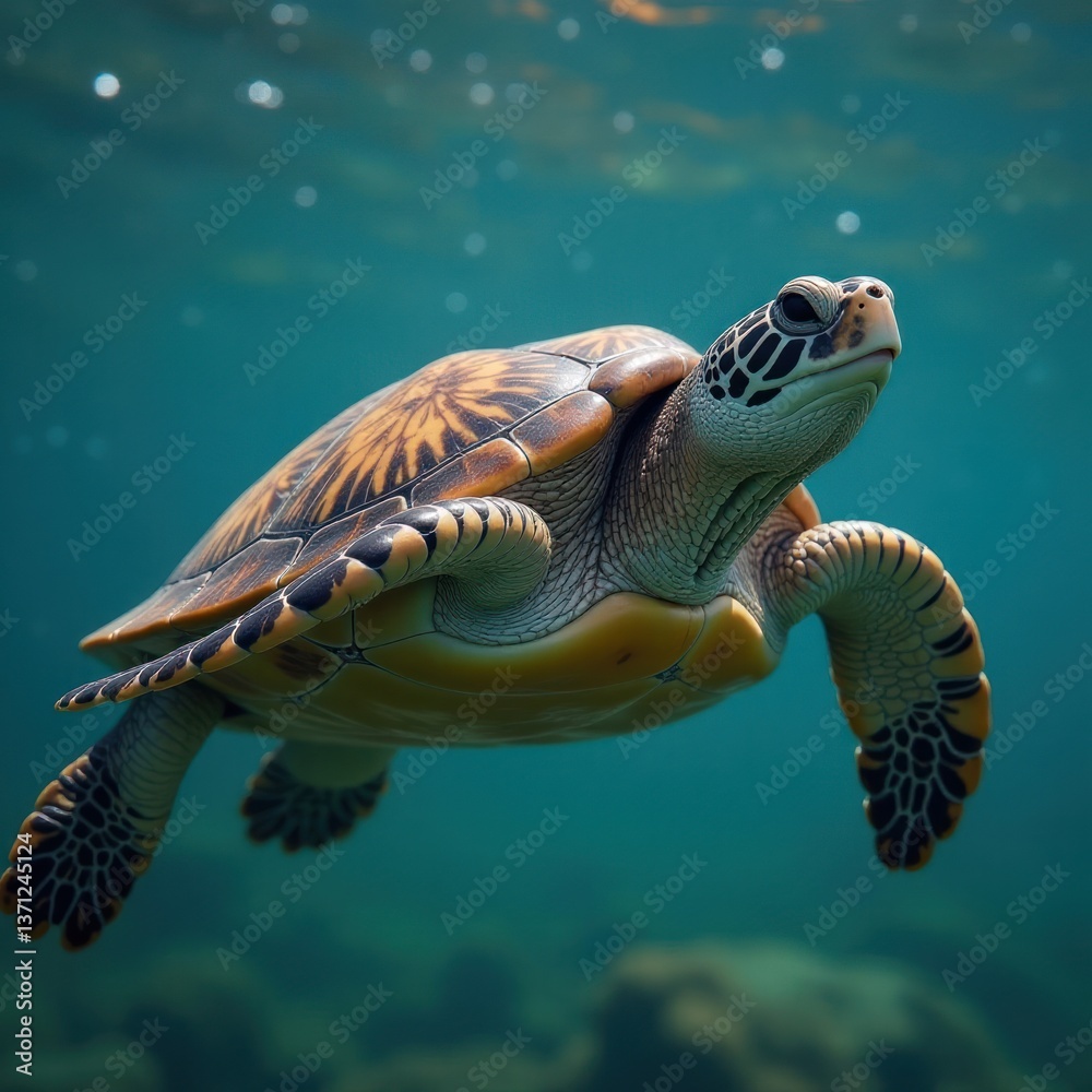 Fototapeta premium Sea Turtle Swimming - Underwater Marine Life. Ideal for travel websites, wildlife conservation advertisements, marine life brochures, underwater photography presentations