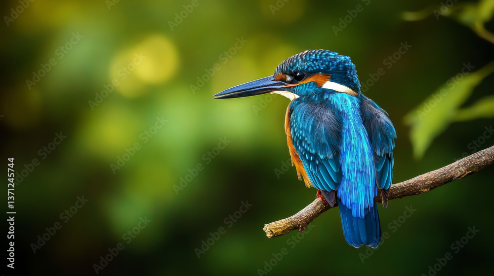 custom made wallpaper toronto digitalAdorable colorful bright kingfisher with blue feathers sitting on thin branch against green background in nature
