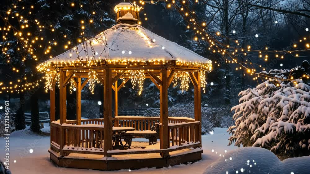 Snow-covered gazebo in a park, with fairy lights strung around it and a bench inside, partially covered in soft, fluffy snow