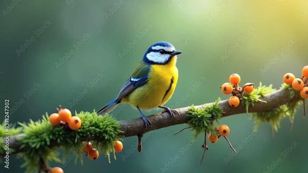 Obraz premium Eurasian Blue Tit Perched on Berry Branch