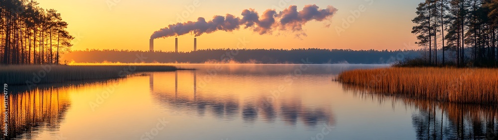 Sunrise over Lake with Smoke from Factory Sunrise over Lake with Smoke from Factory