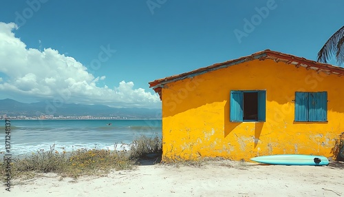 Beachfront Yellow Hut, Surfboard, Sunny Day