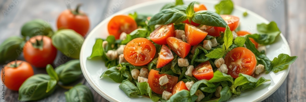 Fresh salad with cherry tomatoes and basil on a wooden table showcasing healthy eating in a cozy kitchen setting Fresh salad with cherry tomatoes and basil on a wooden table showcasing healthy eating in a cozy kitchen setting