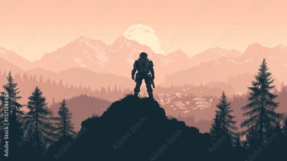 Astronaut Silhouette Overlooking a Serene Mountain Landscape with a Full Moon in the Background Astronaut Silhouette Overlooking a Serene Mountain Landscape with a Full Moon in the Background