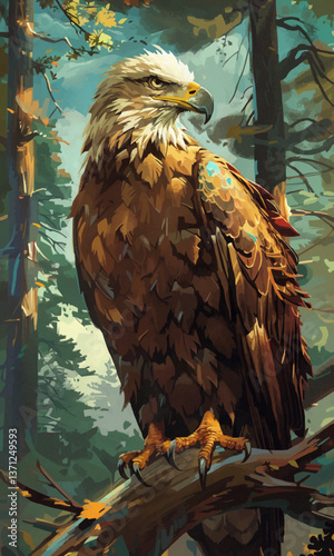 Large eagle is perched on a tree branch
